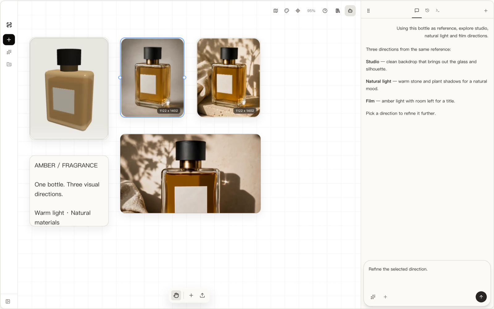 shotshot.ai canvas with a model reference, two generated directions, a brief note, and the agent panel