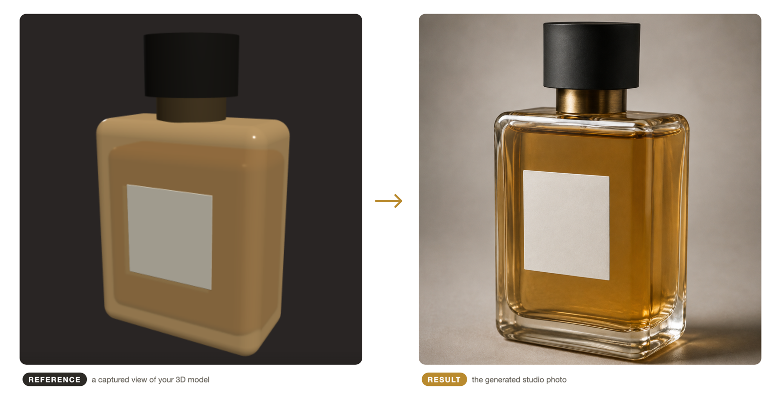 Side by side: the captured 3D model view on the left, the generated studio photo on the right