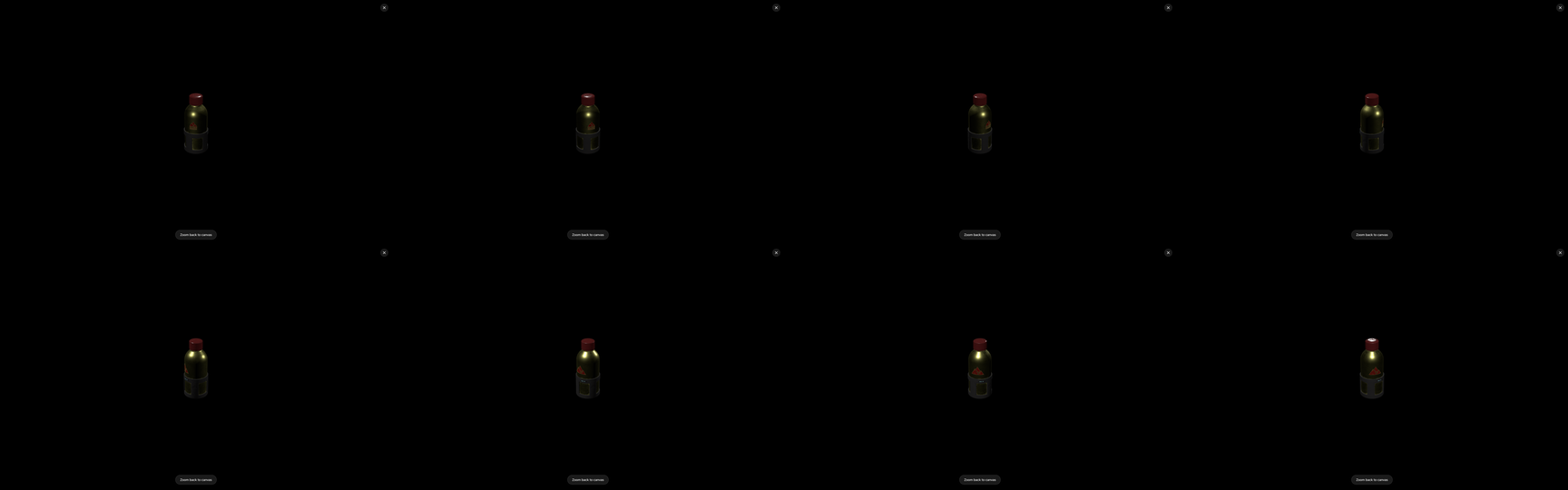 Eight views of the bottle model captured at even 30-degree steps with identical framing